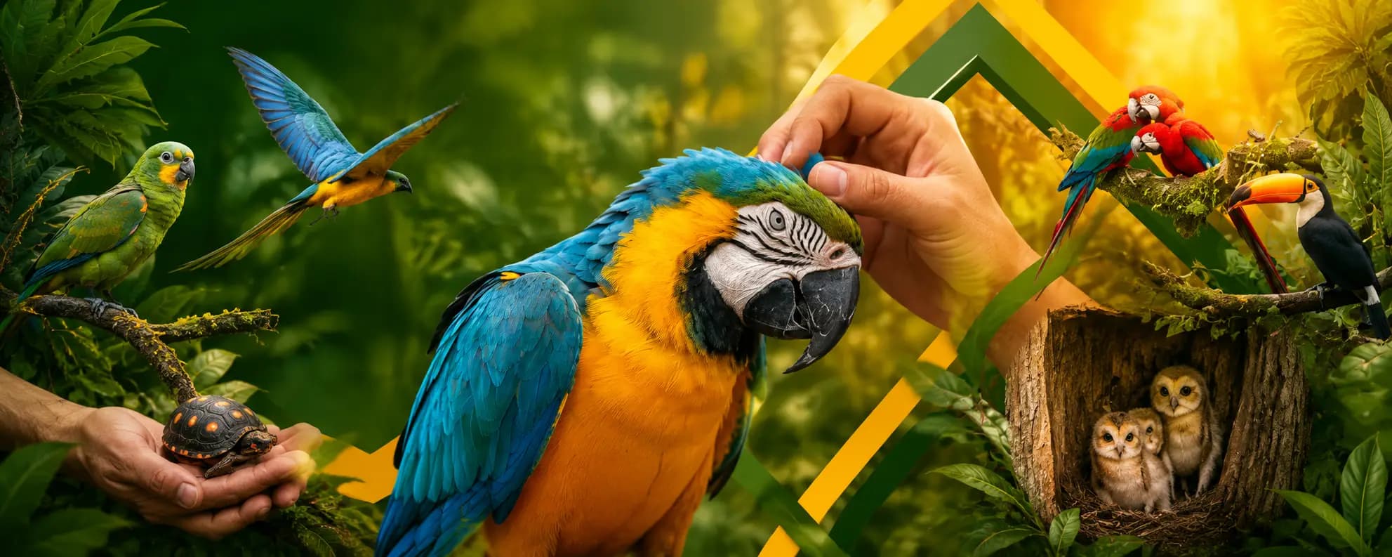 Animais exóticos legalizados da Jabutigre: arara canindé, papagaios, tucano, corujas e jabuti