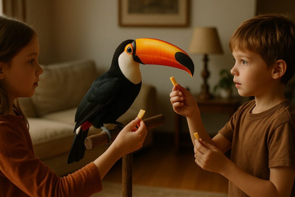 Crianças interagindo com tucano toco na sala de casa