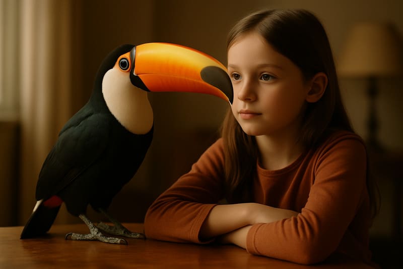 Menina ao lado de ave na mesa de casa