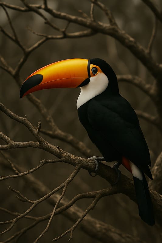 Tucano subindo em galhos de árvore