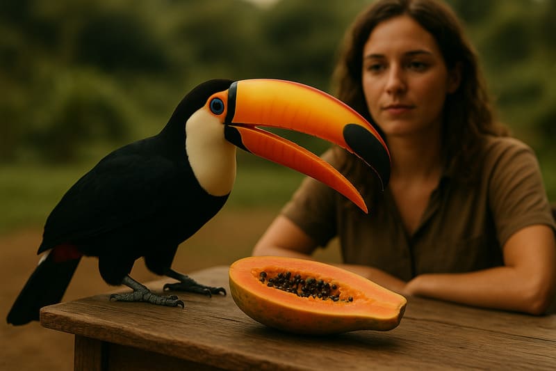Ramphastos toco se alimentando de mamão enquanto mulher o observa