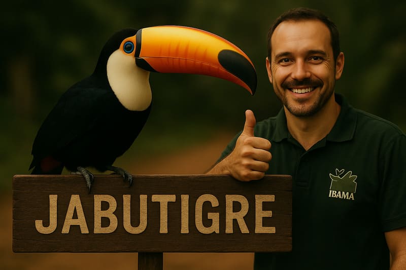 Ramphastos toco ao lado de fiscal do IBAMA na Jabutigre