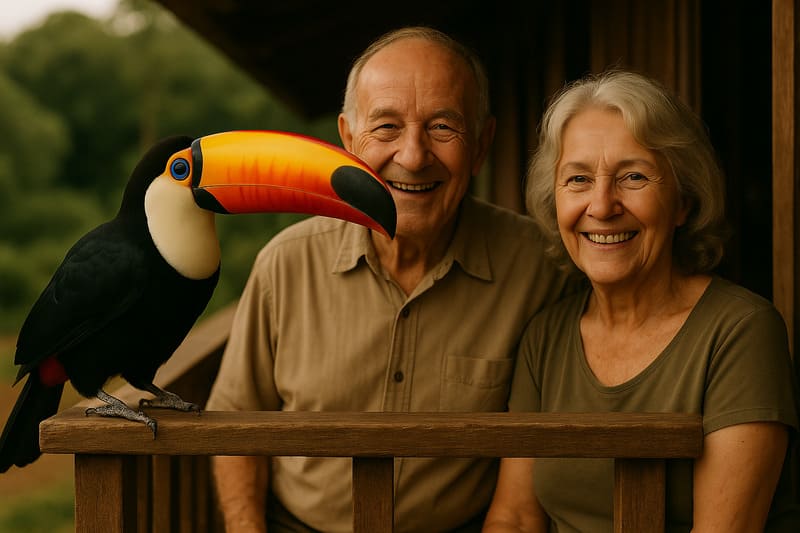 Casal de idosos observando tucano-toco pousado na varanda do sítio