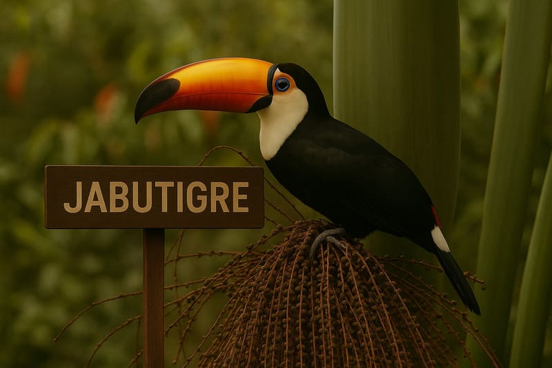 Ave pousada em coqueiro próximo a placa de criadouro