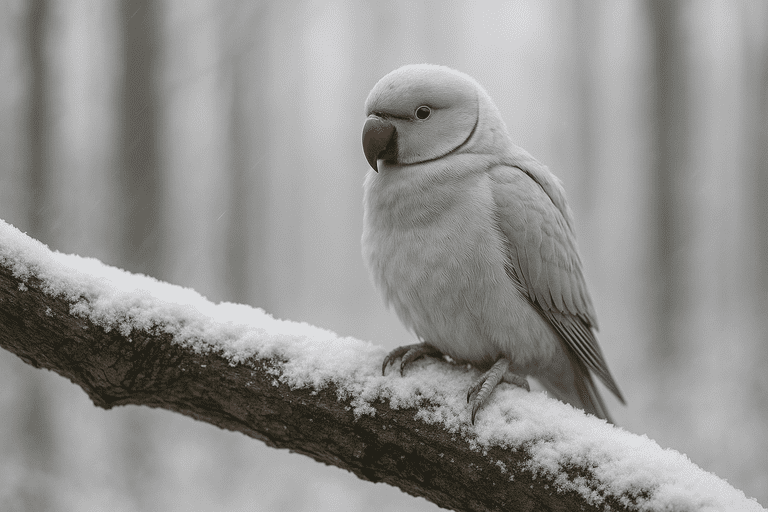 Psittacula krameri cinza em ambiente com neve