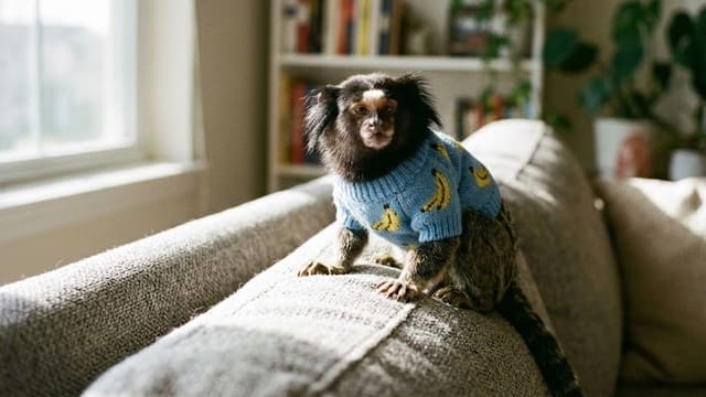 Sagui do tufo preto de roupinha no sofá do apartamento