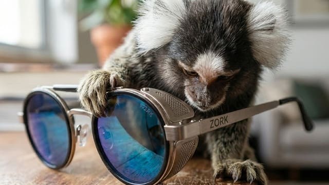 Sagui curioso mexendo em ósculo escuro moderno da Zork