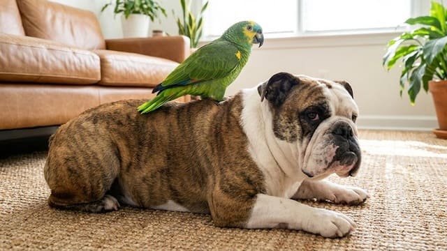 Papagaio em cima de cão Buldogue inglês