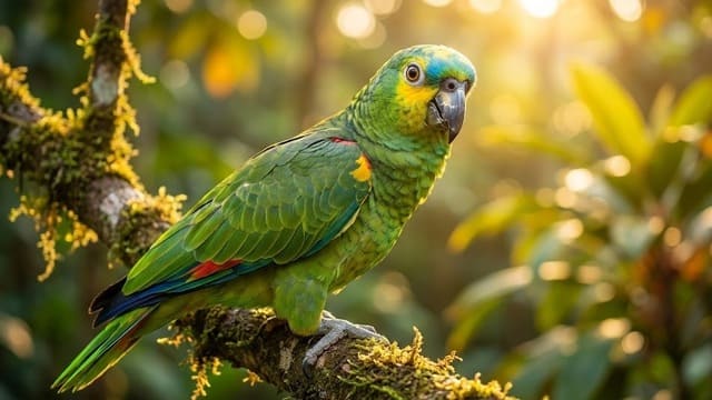 Papagaio Verdadeiro subindo em galho de árvore em meio a natureza