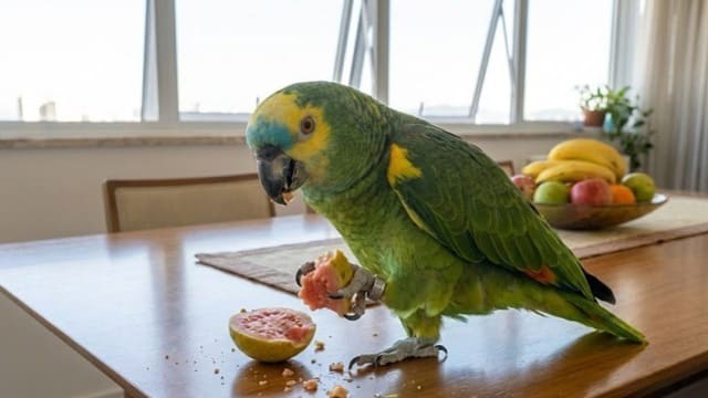 Papagaio verdadeiro se alimentando com frutas