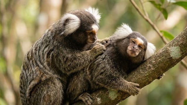 Casal de sagui brincando na mata