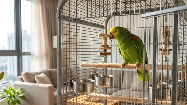 Papagaio de estimação em gaiola