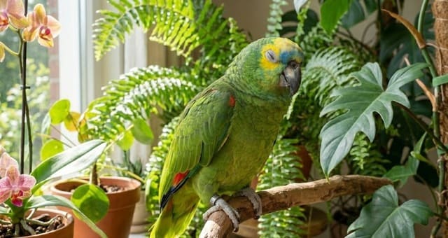 Papagaio Amazona Aestiva no poleiro próximo a plantas