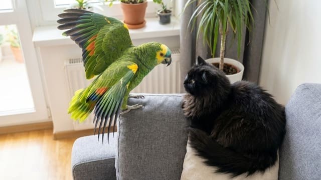 Papagaio brincando com gato persa preto em sofá
