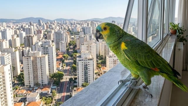 Papagaio Verdadeiro observando a cidade de São Paulo pela janela