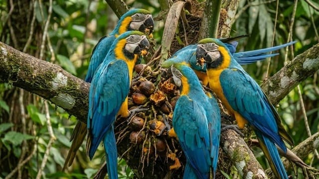 Araras se alimentando juntas na floresta