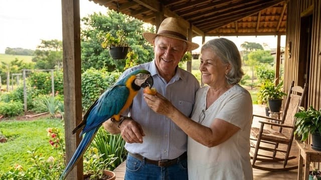 Casal de idosos ao lado de ave exótica na varanda do sítio