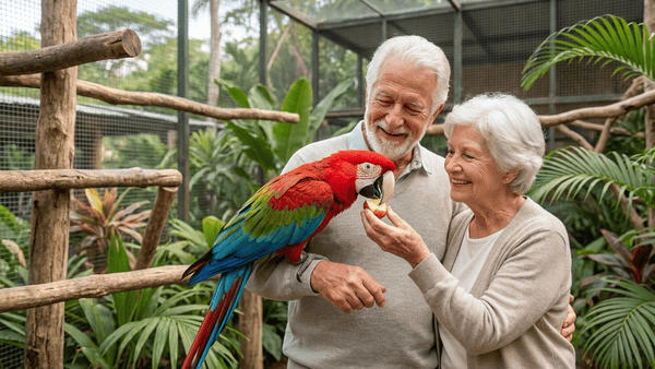 Casal de idoso interagindo com linda arara vermelha em viveiro