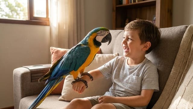 Garoto brincando com sua arara canindé no sofá