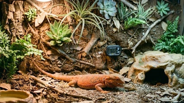 Pogona se alimentando em terrário
