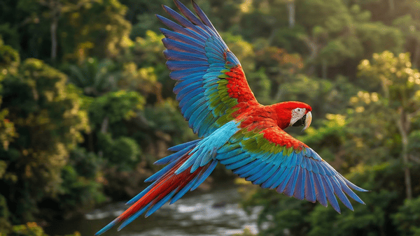 Arara vermelha sobrevoando natureza