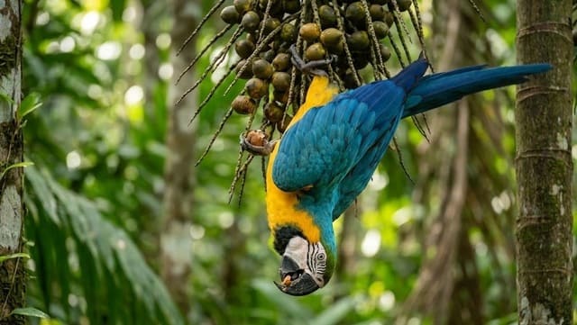 Ara ararauna pendurada de cabeça para baixo