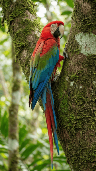 Arara vermelha escalando árvore