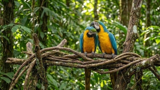 Casal de araras interagindo de forma amorosa em meio a vegetação