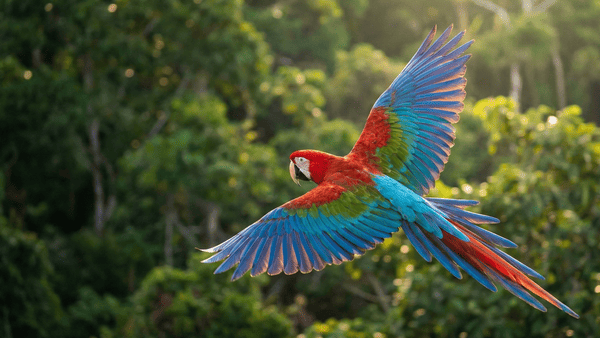 Ara chloropterus voando sobre a mata