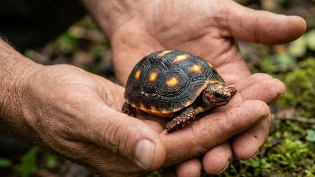 Jabuti Piranga baby nas palmas das mãos do criador