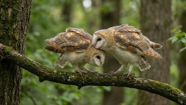 Casal de coruja suindara interagindo na natureza