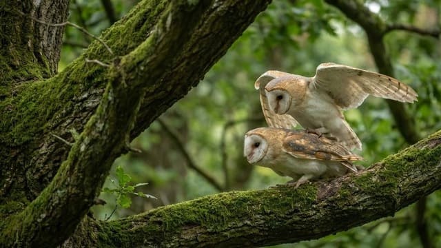 Casal de Coruja Suindara acasalando em meio a natureza