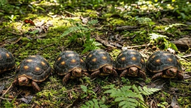 Filhotes de jabuti piranga em fileira na floresta