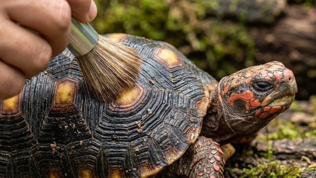 Limpando casco do Jabuti com pincel