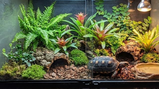 Jabuti baby no terrário decorado com vegetação