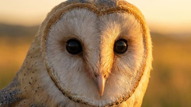 Coruja suindara (Tyto alba) em close destacando o disco facial em formato de coração.