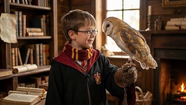 Coruja das igrejas em ensaio fotográfico profissional infantil com tema Harry Potter