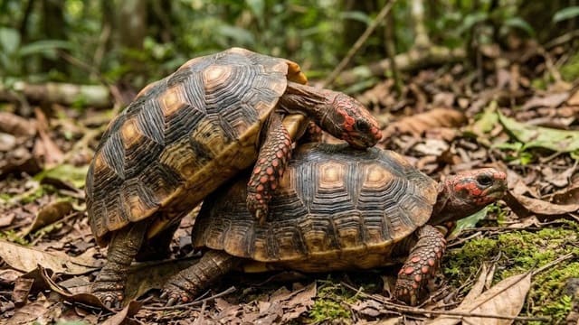 Casal de Chelonoidis carbonaria acasalando na floresta
