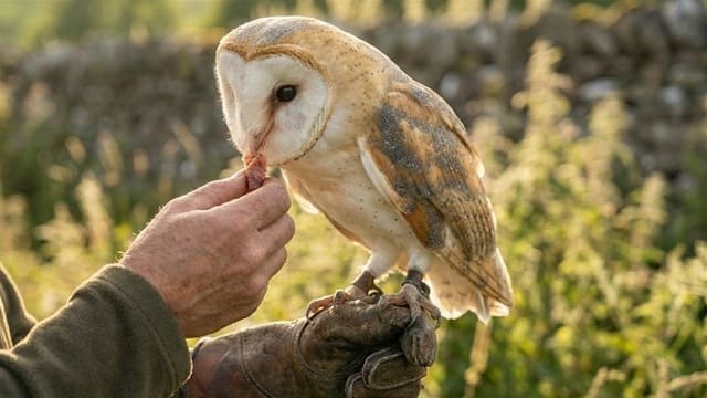 Coruja rasga mortalha comendo na mão de criador