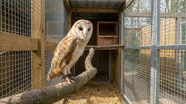 Coruja Suindara em viveiro de criadouro legalizado e autorizado