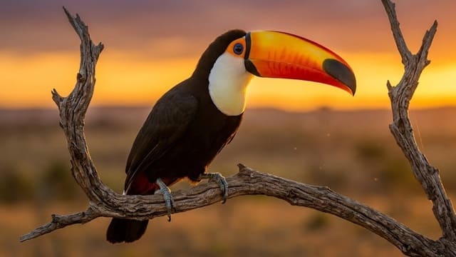 Ramphastos toco em galho seco no por do sol
