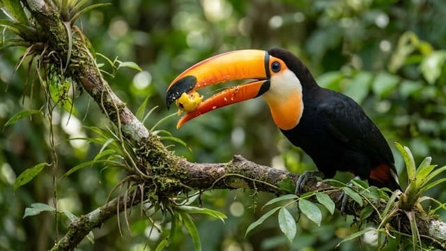 Tucano se alimentando de frutas na floresta