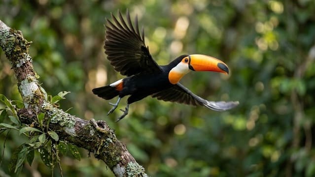 Fotografia profissional de um Ramphastos toco voando sobre a floresta