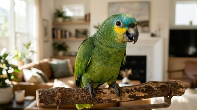 Fotografia em close-up de um papagaio-verdadeiro (Amazona aestiva) empoleirado em um galho rústico. A ave está de frente para a câmera e parece estar falando ou cantando.