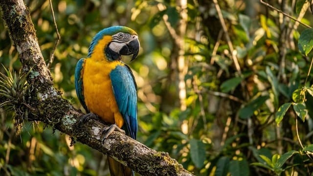 Arara-canindé azul e amarela pousada em um galho de árvore no Cerrado brasileiro.