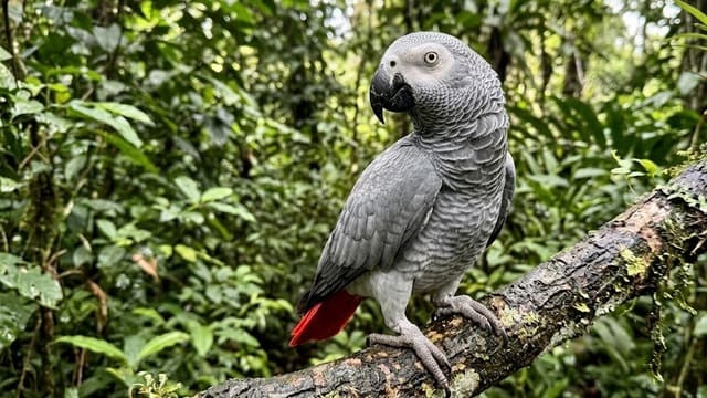 Papagaio cinza africano em galho natural destacando a cauda vermelha escarlate.