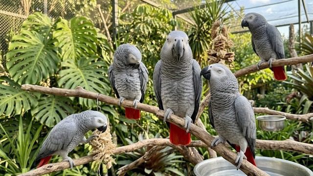 Detalhes das penas do papagaio cinza africano em poleiro com cauda vermelha destacada.