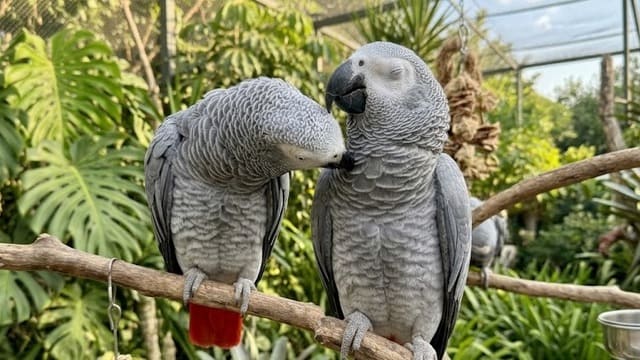 Casal de papagaio do congo exibindo comportamento social e afeto mútuo no poleiro.
