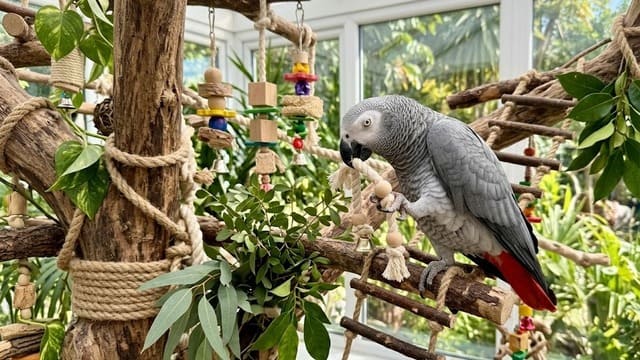 Papagaio do congo interagindo com brinquedos de enriquecimento ambiental em viveiro.