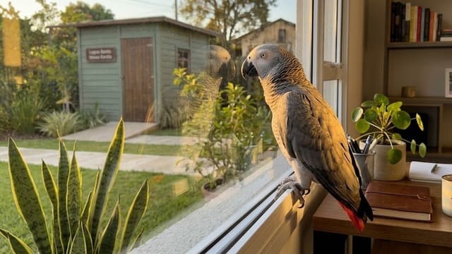 Papagaio cinza africano adulto empoleirado na janela de casa observando o ambiente externo.